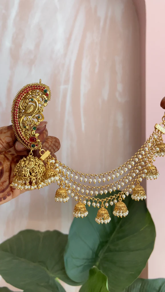 Peacock Antique Earcuff with Pearl Jhumkas